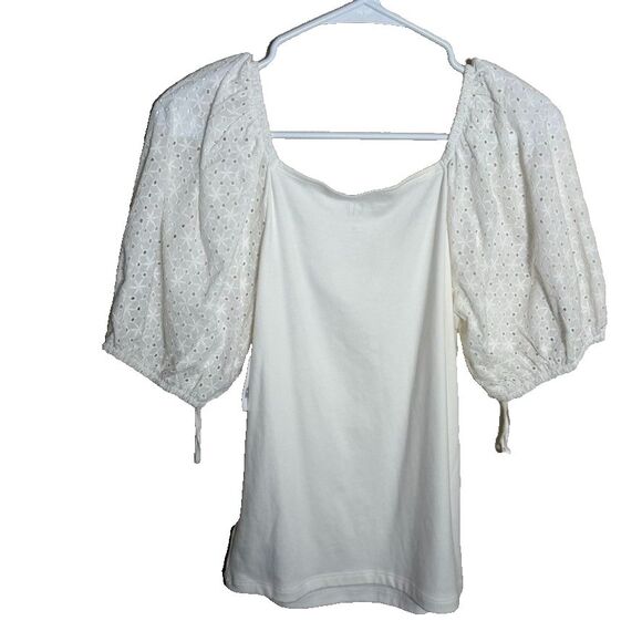 Gap T-Shirt Women's Medium Modern Tee Puff Sleeve Eyelet Boho Tie Casual NWT - Picture 2 of 9